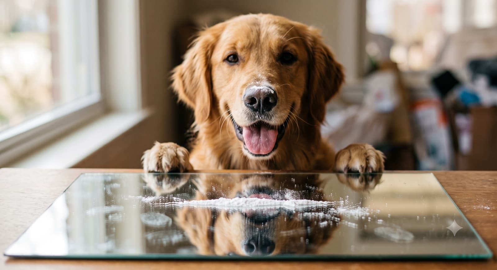 A grinning golden retriever with a fresh scoop of Snoot Snow